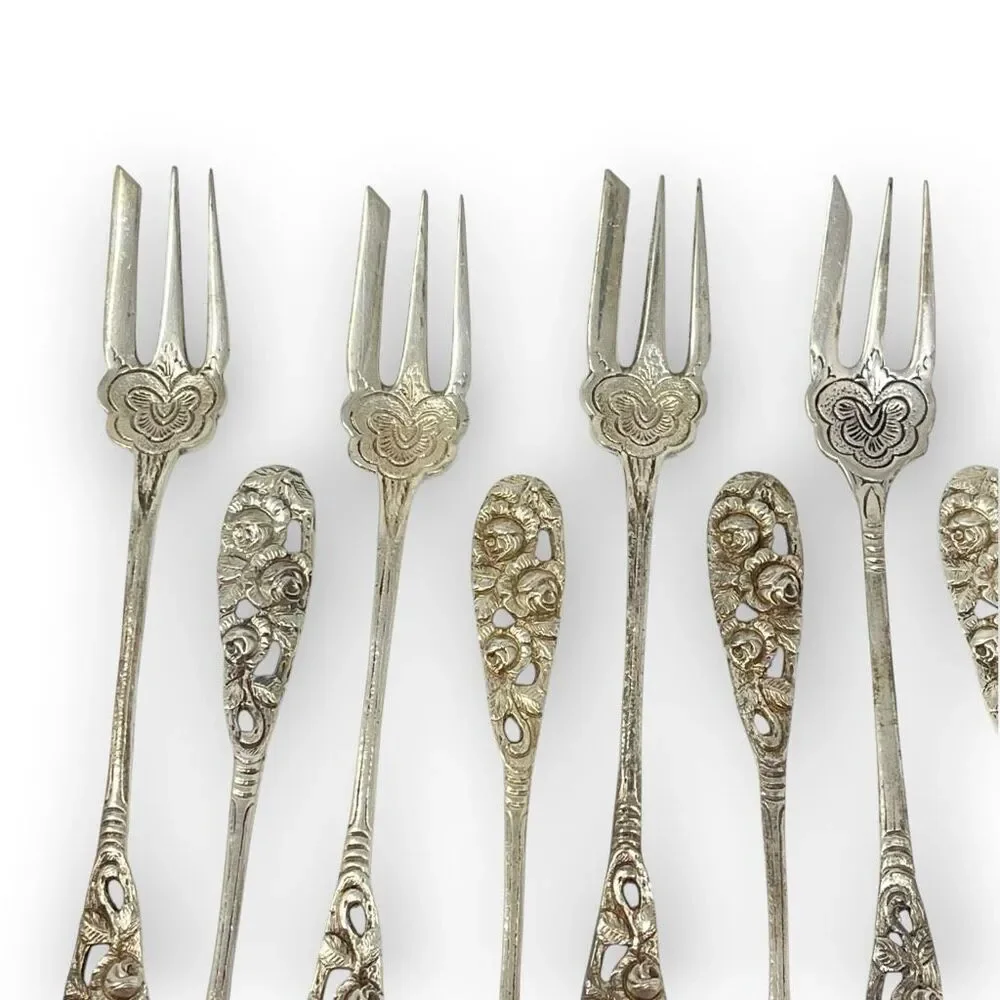 Silver 800 835 Dessert Pastry Mini Forks Fork Lot of 12 Floral Ornate Rose 5.5”